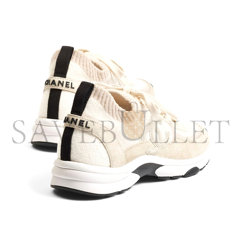 CHANEL WHITE KNIT FABRIC AND SUEDE CC LACE UP SNEAKERS G38750
